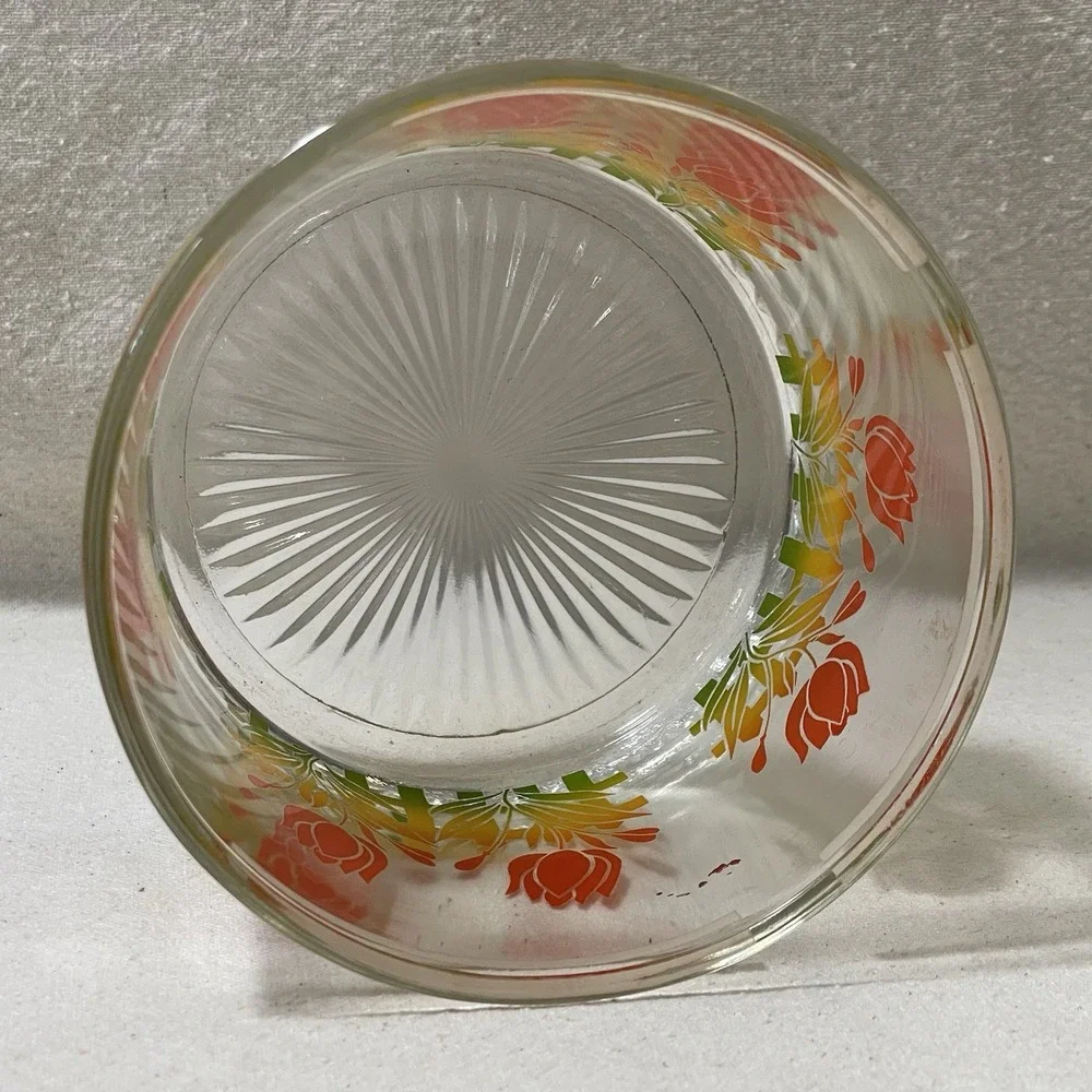 VTG‎ MCM Retro Glass Barware Ice Bucket Bowl Orange Red Yellow Tulip Flower RARE